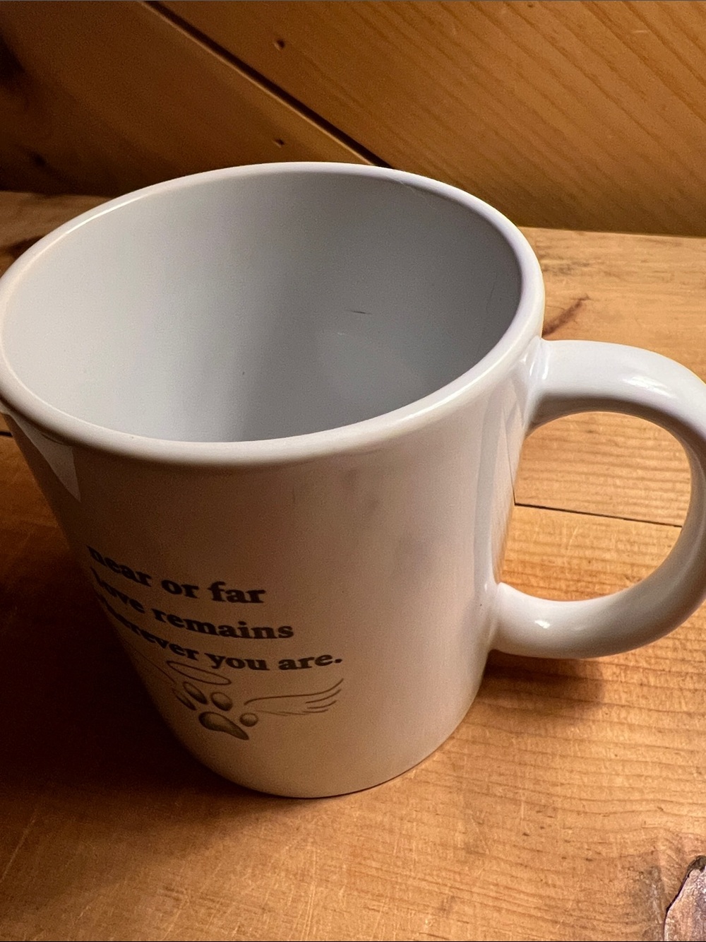 Paw in Hand with Heart Near or Far Love Remains Wherever You Are pet loss Mug - Picture 14 of 16